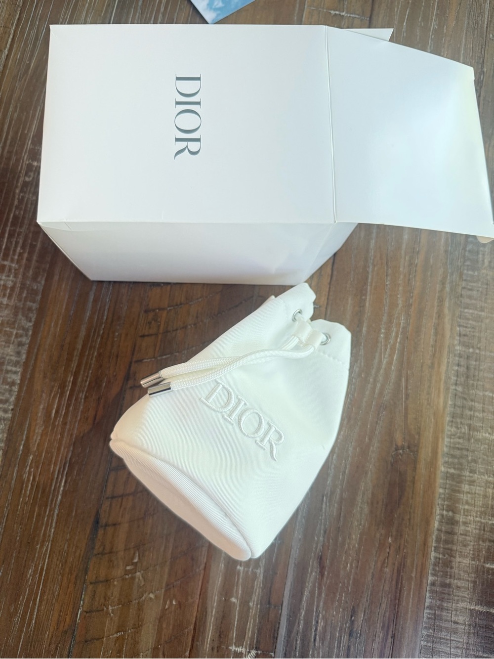 Dior White Logo Embroidered Drawstring Pouch